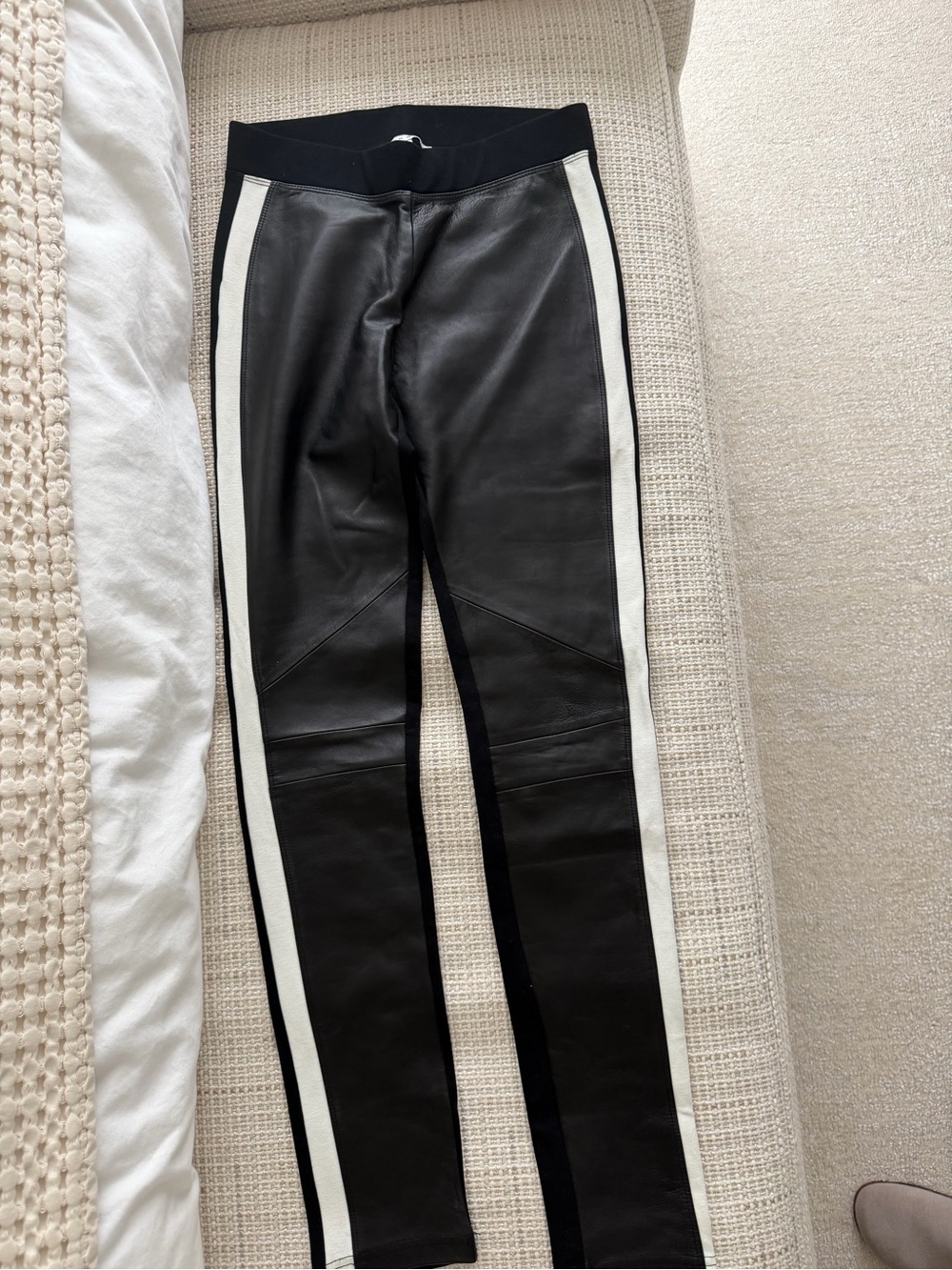 Sandro Black Leather Leggings with White Side Stripes